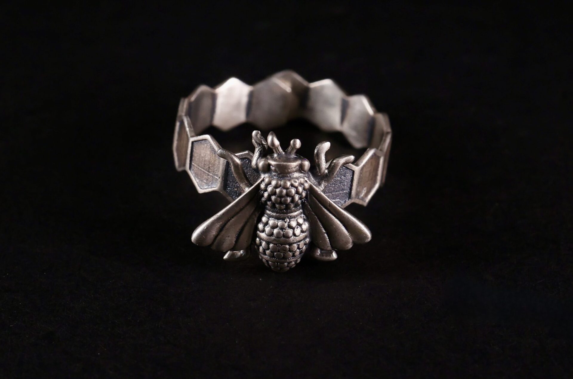Handcrafted 92.5 silver bee ring with oxidised insect design by Ahsaas Jewellery