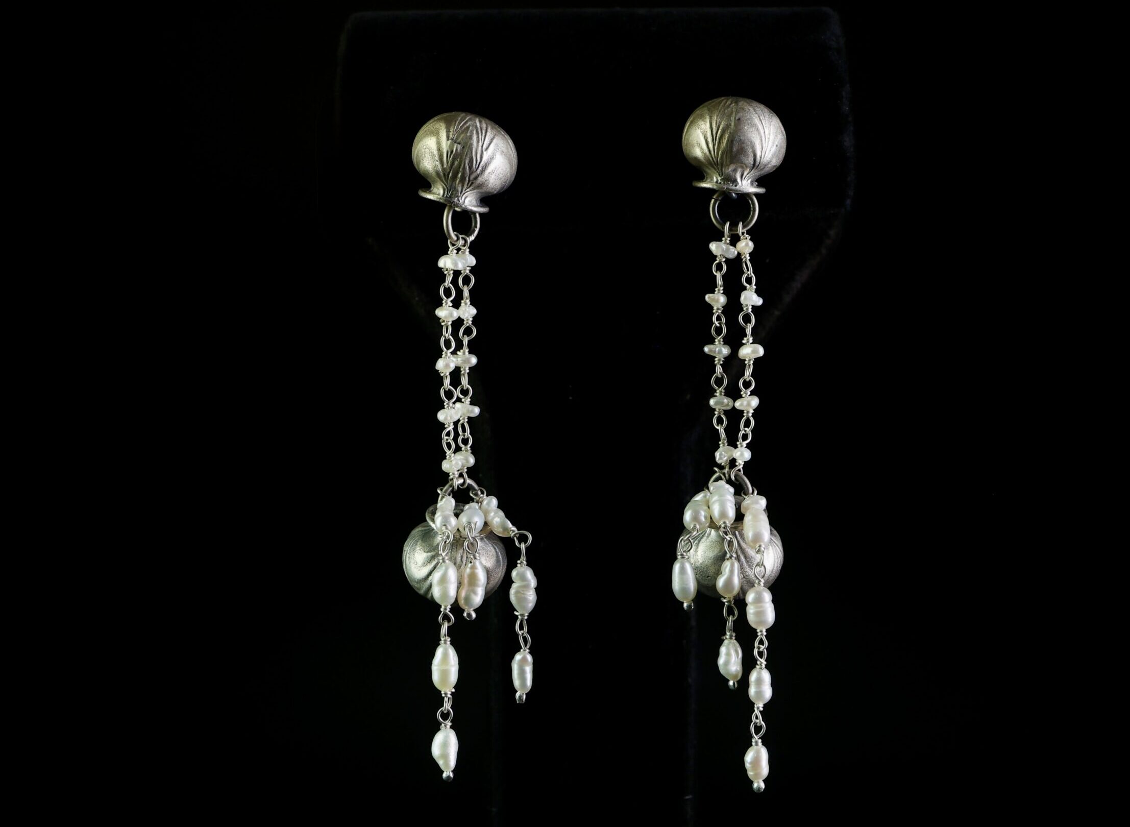 Hexagon bead hanging lotus earrings in 25gm silver, 6.2cm long – handcrafted designer jewellery by