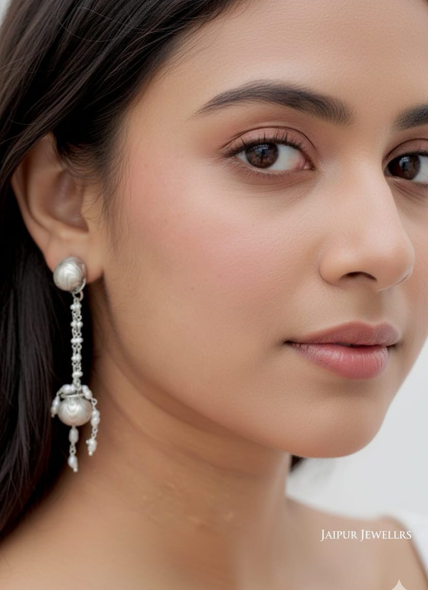 Hexagon bead hanging lotus earrings in 25gm silver, 6.2cm long – handcrafted designer jewellery by