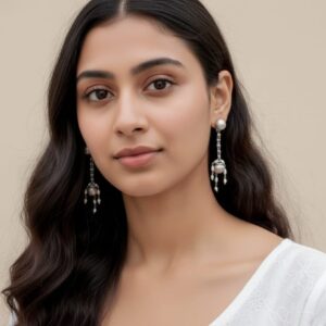 Hexagon bead hanging lotus earrings in 25gm silver, 6.2cm long – handcrafted designer jewellery by SAIJ.”