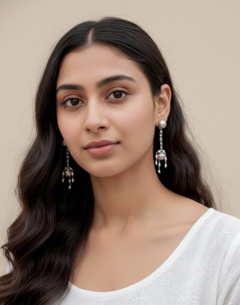 Hexagon bead hanging lotus earrings in 25gm silver, 6.2cm long – handcrafted designer jewellery by SAIJ.”