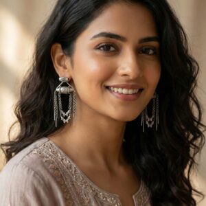 Oxidised tribal chain drop silver earrings with engraved detailing and layered chains