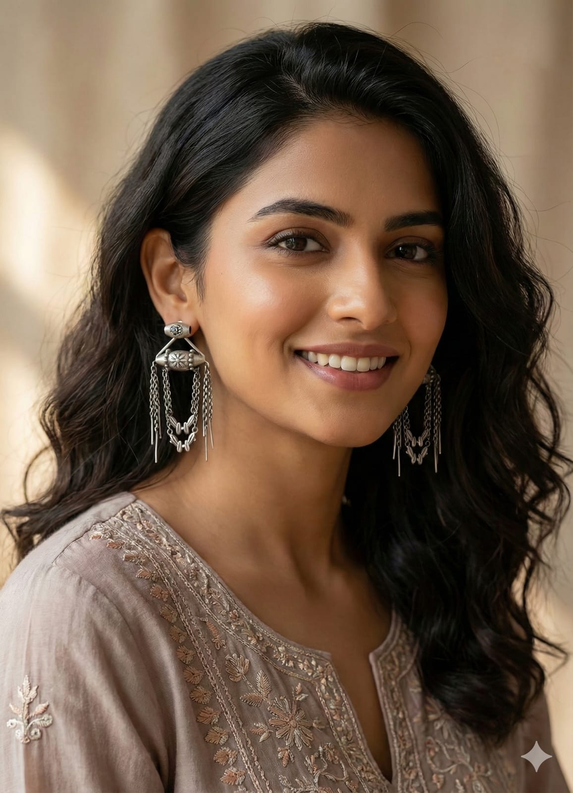 Oxidised tribal chain drop silver earrings with engraved detailing and layered chains