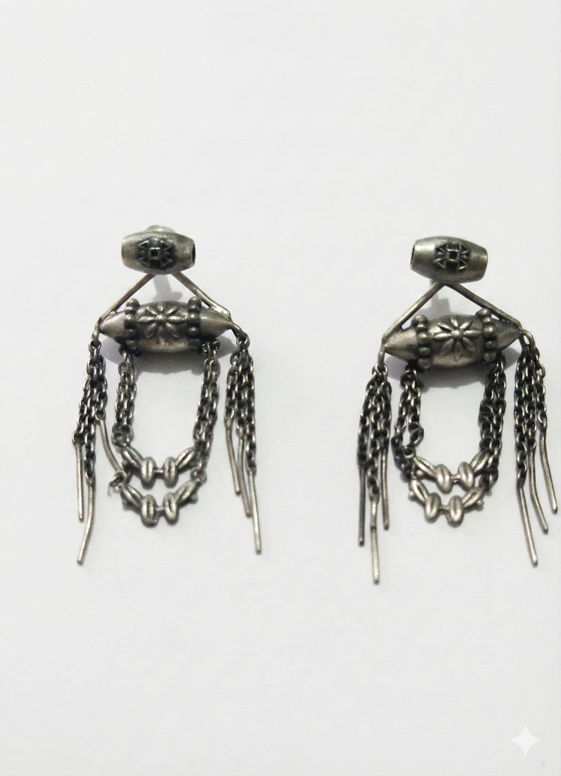 Oxidised tribal chain drop silver earrings with engraved detailing and layered chains