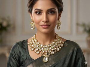 Uncut Kundan and Mint Green Stone Statement Necklace Set