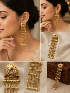 Gold-Plated Antique Jali Stud with Pearl Mesh Cascade Earrings